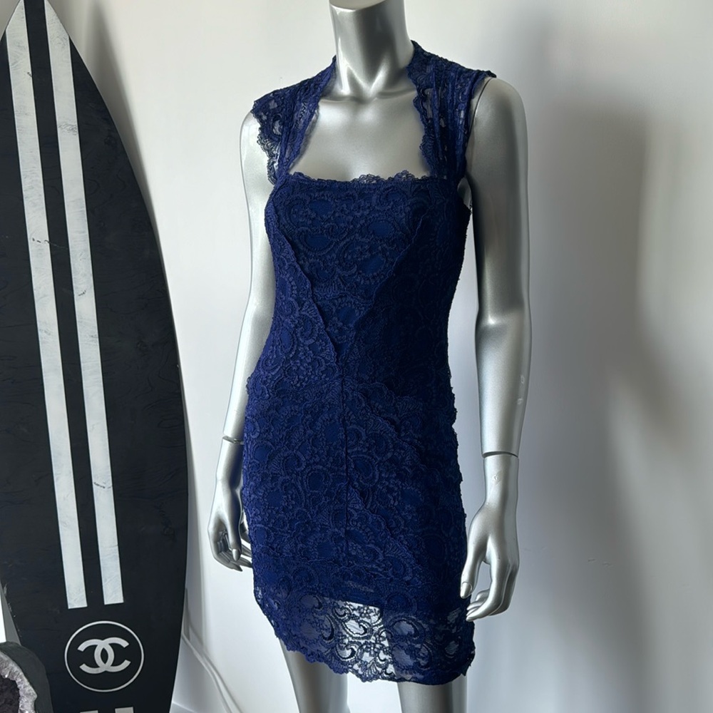 Royal blue lace dress open back